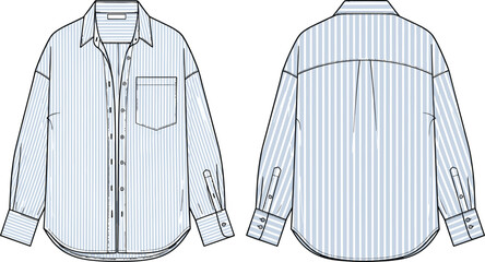 Women oversized striped button down shirt front and back view cad drawing flat vector illustration with chest pocket fashion technical sketch © MdHasan