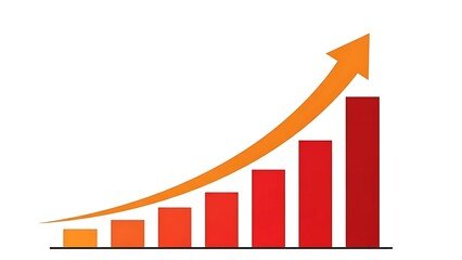 Business growth chart with increasing red bars and orange arrow pointing upwards, symbolizing success and progress in finance and statistics on white background