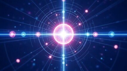 Glowing neon light sphere with radiant beams and concentric circles on dark blue background