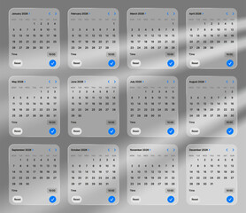 Full year 2026 calendar showing all twelve months in a clean with liquid glass design