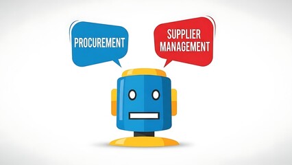 Robot character with speech bubbles discussing procurement and supplier management on white background
