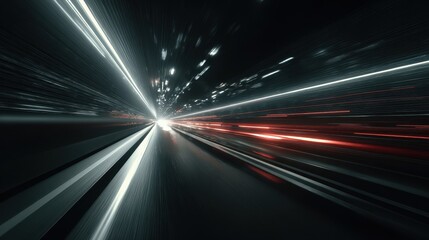 Fast motion blur shows lights and lines from a vehicle driving quickly along the road at night