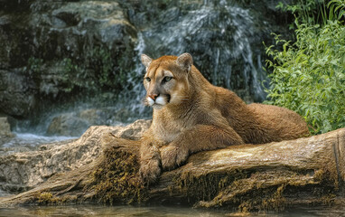 Wet cougar by waterfall