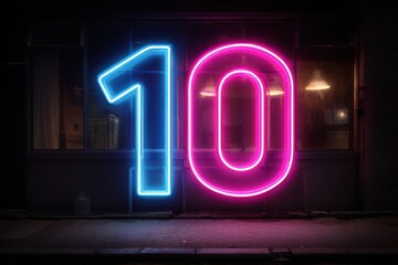 Bright neon sign showing number 10 on a city street at night near a dark window