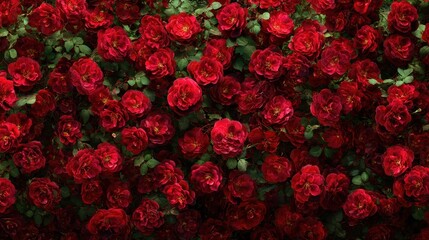 A background of natural red roses conveys romance, passion, and classic floral elegance.
