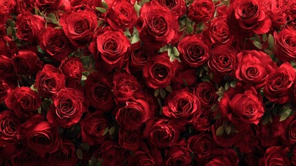 A background of natural red roses conveys romance, passion, and classic floral elegance.
