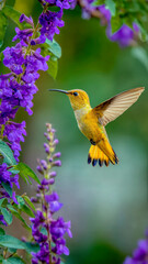Yellow hummingbird flying near flower