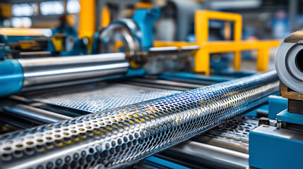 Perforated metal profile moving through steel rolling machine, precision manufacturing process, factory setting, construction material production, with copy space
