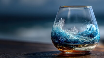 Creative glass holding a miniature ocean wave sitting on a wooden surface in bright light near a beach