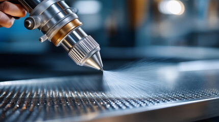 Automated coating process with spray gun, fine particles on perforated metal surface, close-up precision, industrial technology, modern efficiency, with copy space