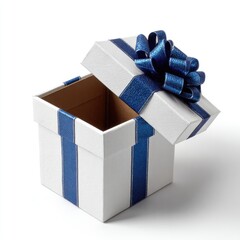 Gift box, open, white with blue ribbon, and blue bow on top