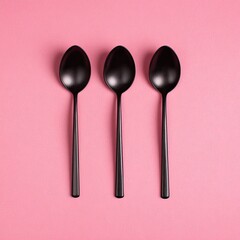 Three black spoons aligned on a bright pink background