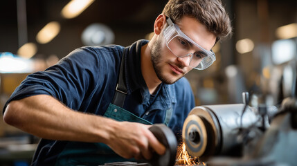 Front view faceless young male blacksmith in protective goggles, polishing small metal details, grinder machine workshop, metalworking craft, with copy space