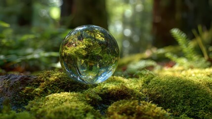 A crystal globe resting on moss in a forest symbolizes environmental awareness and the fragility of nature.
