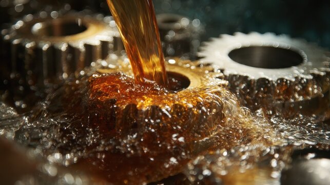 Oil flows over metal gears in a machine during maintenance in a workshop setting - Powered by Adobe