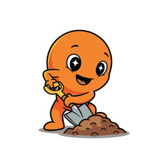 Cute Cartoon Orange Digging Character With Shovel.