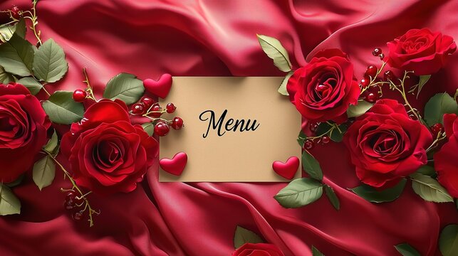 Romantic and sweet, Valentine's Day Menu, red rose heart decoration red velvet background, suitable for Valentine's Day date restaurant menu design, romantic catering marketing materials