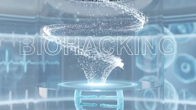 Biohacking concept text reveals, futuristic digital DNA sequence zooming in, genetic engineering, medical research laboratory