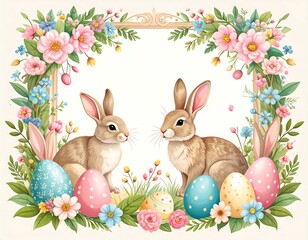 Obraz premium Easter Rabbits Surrounded by Flowers and Eggs.