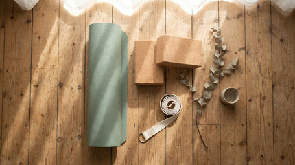 A collection of yoga and exercise equipment arranged on a wooden background with natural light filtering through sheer curtains