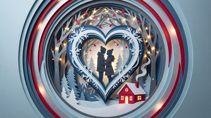 Intricate paper-cut art depicting a romantic winter scene with heart-shaped frame and twinkling lights