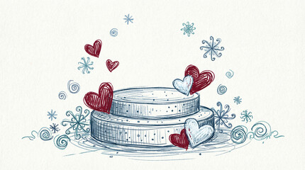 A charming two-tiered cake adorned with red hearts and surrounded by delicate blue snowflakes and swirls