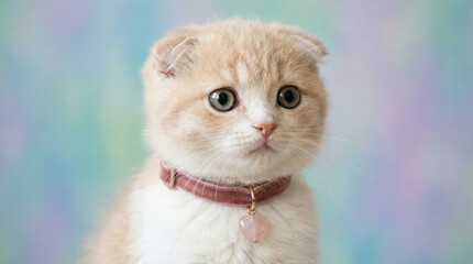 Adorable ginger kitten with big blue eyes wearing a pink collar and heart-shaped pendant