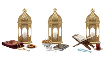 Ramadan Kareem Islamic Holiday Symbols: Lanterns, Quran, Prayer Beads, Dates, Nuts