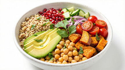 A vibrant bowl filled with quinoa, chickpeas, roasted sweet potatoes, avocado slices, cherry tomatoes, cucumber, red onion, pomegranate seeds, and fresh cilantro