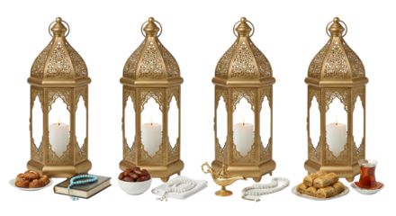 Ramadan Lanterns, Dates, Prayer Beads, Quran, and Sweets on White Background