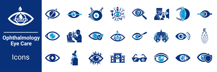 Ophthalmology and Eye Care Icon Set Blue Medical Symbols