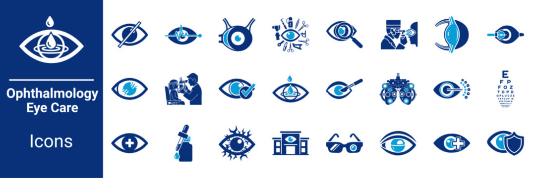 Ophthalmology and Eye Care Icon Set Blue Medical Symbols