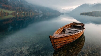 Wooden boat floats on a calm lake surrounded by mountains and trees during early morning light