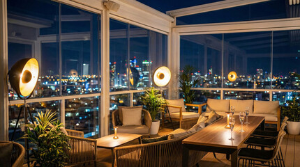 Modern rooftop lounge with panoramic city views at night, featuring cozy seating and warm ambient lighting