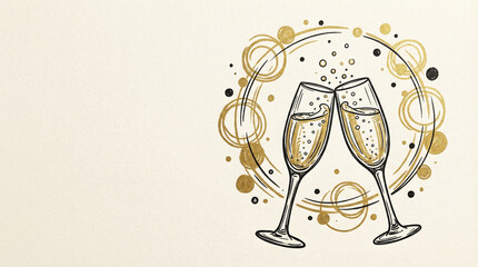 Two champagne glasses clinking together with golden swirls and dots in a celebratory illustration