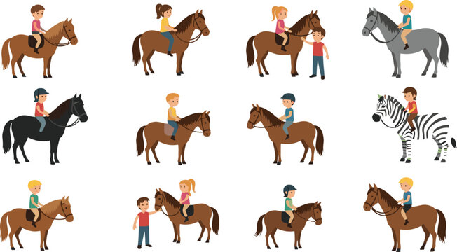 Children riding horses and zebra collection featuring boys and girls in equestrian gear for horseback riding lessons ranch life and animal activities.