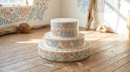 Colorful three-tiered ceramic cake stand with heart and floral designs on a wooden floor