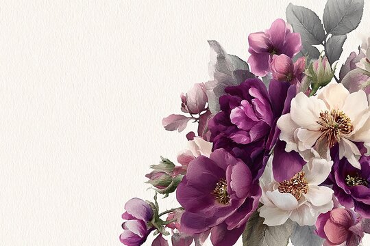 Elegant, chic, vintage seamless repeatable pattern featuring flower pattern with dark purple and silver gray roses in white background