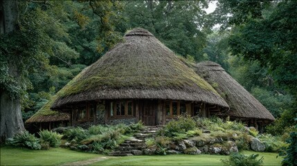 A circular thatched-roof hut set among lush greenery suggests a rustic retreat in harmony with nature.
