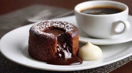 A warm chocolate dessert with a molten center paired with coffee creates an indulgent comfort treat.
