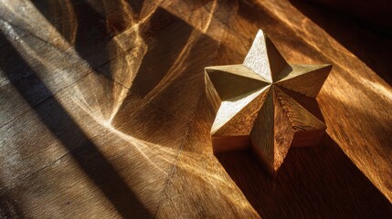 A textured gold star on wood explores geometric form with dramatic light and shadow for a festive abstract concept.
