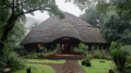 A circular thatched-roof hut set among lush greenery suggests a rustic retreat in harmony with nature.
