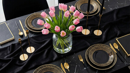 Elegant black table setting with gold accents and pink tulips in a glass vase
