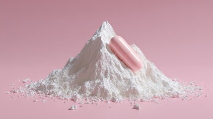 A capsule set on a powdered peak forms a minimalist concept of medicine, dosage, and health support.
