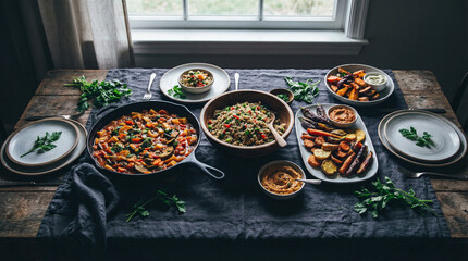 Rustic wooden table set with a variety of colorful vegetable dishes and dips, garnished with fresh herbs