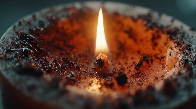 Wax residue and soot around burning wick, extreme macro of dirty candle texture, cinematic fire detail