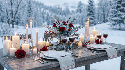 Romantic winter dinner table set with candles, red roses, and wine glasses in a snowy forest