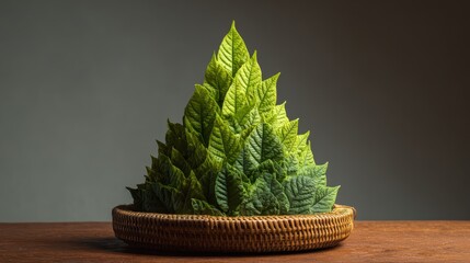 Green leaves arranged as a small pyramid on a woven basket create a natural minimalist still life.
