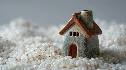 A small ceramic house on scattered white rice symbolizes home, food security, and simple domestic warmth.
