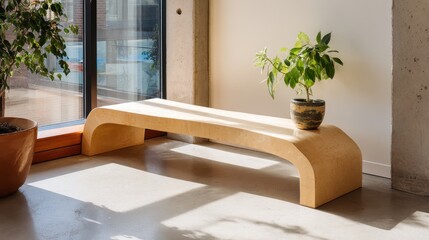 A curved light wood bench by a large window with a small potted plant creates a calm minimalist interior accent.
